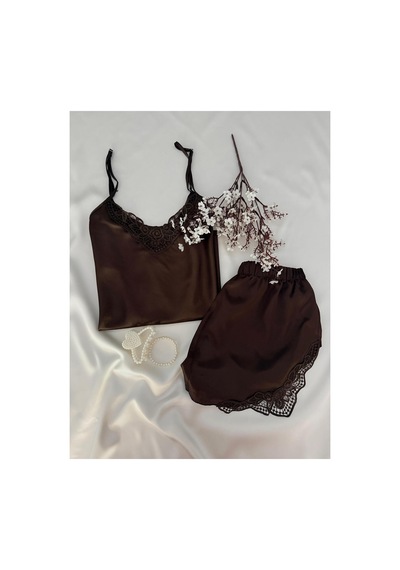 Mh Moony Homewears Kahverengi Lüks Saten Şortlu Pijama Takımı Kahverengi