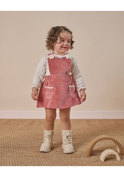Noble Kids Pudra Papatya Detaylı Kız Bebek Salopet İkili Takım - 9 Ay-3 Yaş Pudra