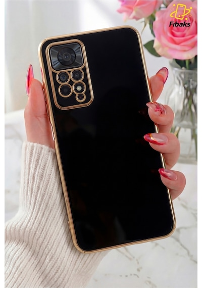 Fibaks Redmi Note 11 Pro/12 Pro 4G Uyumlu Kılıf Parlak Kenarlı Altın Işlemeli Kamera Korumalı Kapak Siyah
