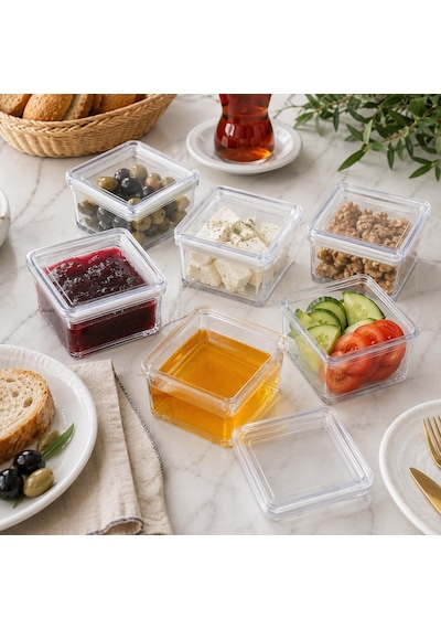6 Lı Kare Contalı Kahvaltılık Seti, Şeffaf Mika Erzak Saklama Kabı, Kapaklı Mini Gıda Kabı, Peynir Zeytin Reçel Kuruyemiş Baharat Kabı, 9 X 9 X 5,5 Cm Çok Renkli