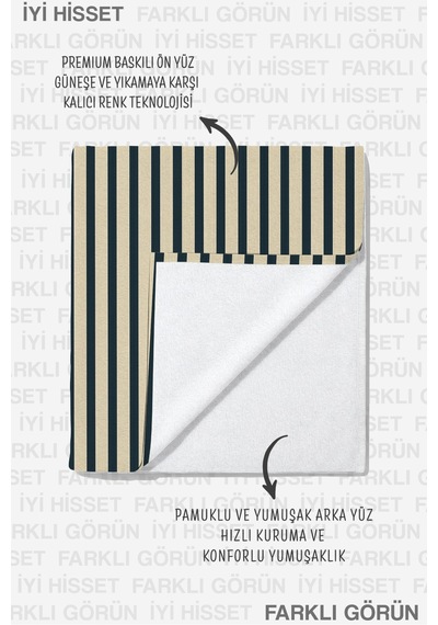 Çizgili Motto Yazılı Plaj Havlusu - Minimalist Marine Bej Lacivert Havuz Deniz Banyo Sahil Örtüsü Köpük Gölgesi