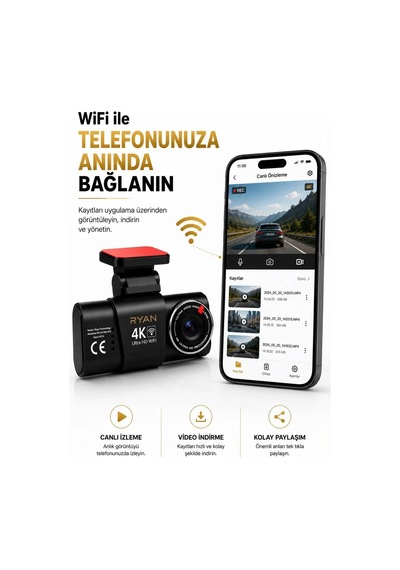 Bagajon Ryan Yapay Zeka Destekli 4k Ön 1080p Arka Araç Kamerası Wifi Gps, Gece Görüşü, G-sensor, Park Kiti