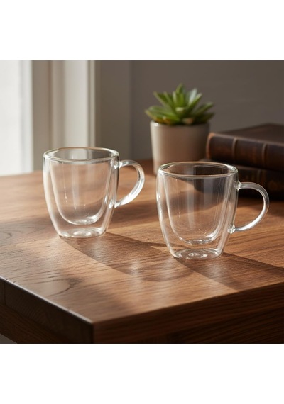 2'li Çift Cidarlı Borosilikat Cam Fincan Seti - 100 Ml Espresso Ve Türk Kahvesi Bardağı - Isıya Dayanıklı El Yakmayan Modern Tasarım 2 Adet çok renkli