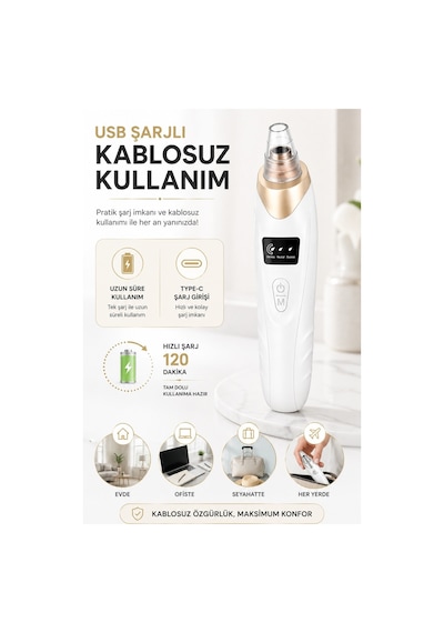 Robeve Auhma Ahb01 Vakumlu Siyah Nokta Temizleme Cihazı 3 Kademeli Emiş Gücü, 5 Farklı Başlık, Usb Şarjlı Kablosuz Gözenek Temizleyici, Yağ Ve Kir Temizleme, Yüz Cilt Bakım Cihazı