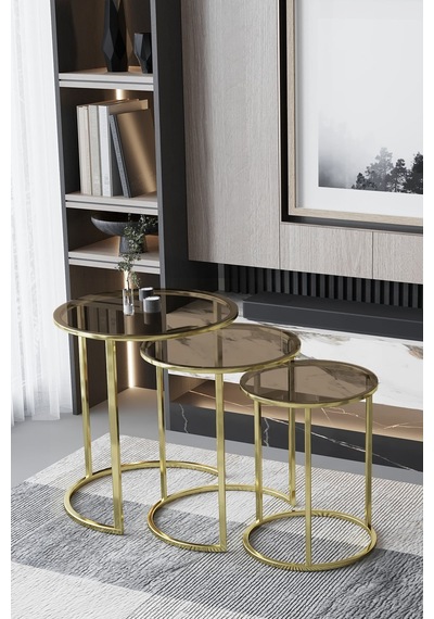 Faymend C Zigon Sehpa Parlak Gold Metal - Şeffaf Bronz Cam Bronz