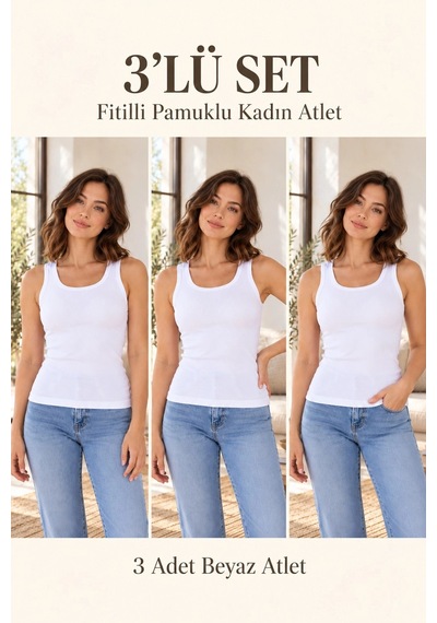 Erdenay Tekstil Fitilli Kalın Askılı Pamuklu Basic Kadın Atlet - Beyaz 3'lü Set Beyaz 3lü