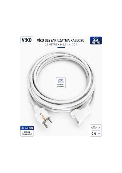 Viko Seyyar Uzatma Kablosu 25 Metre 3x2.5 Mm Cca Kablo Viko Erkek Dişi Fiş Klemensli Terminalli Topraklı Tse Ce Belgeli 25 M
