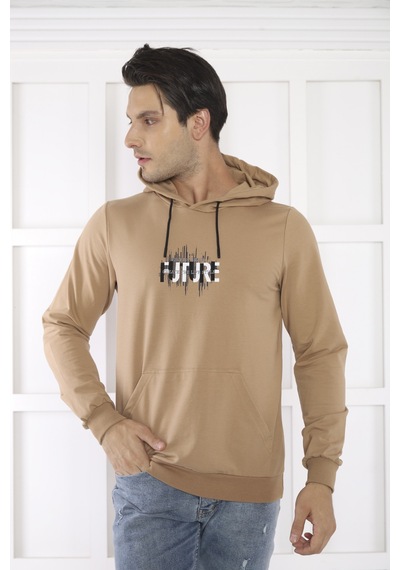 Escetic Spor Erkek Koyu Vizon Cepli, Kapüşonlu Sweatshirt-4170