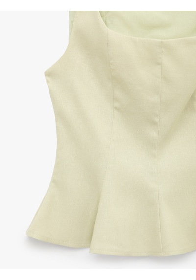 Koton Kolsuz Kare Yaka Peplum Keten Bluz Ada Çayı 6sak30090pw Açık Yeşil
