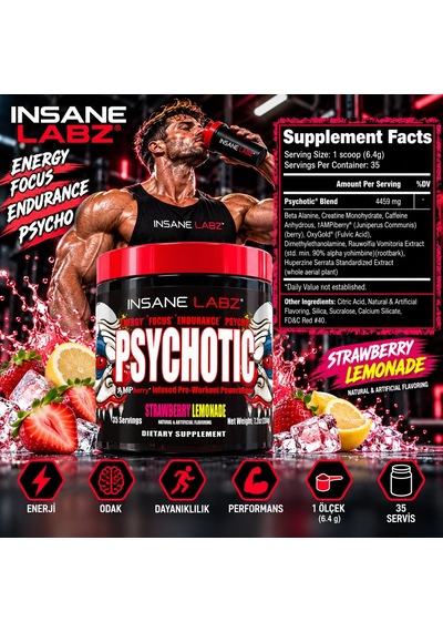 Insane Labz Psychotic Preworkout Strawberry Lemonade 35 Servis Aromalı