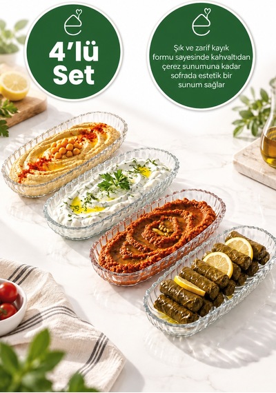 4 Lü Cam Kayık Sunum Tabağı Şeffaf Servis Tabağı Kahvaltılık Meze Çerez Tabak Oval Şık
