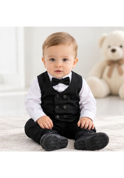 Maxx Kleın Erkek Bebek Siyah Yelekli Takım Elbise Gömlek Papyon Pantolon 6-9-12-18-24 Ay