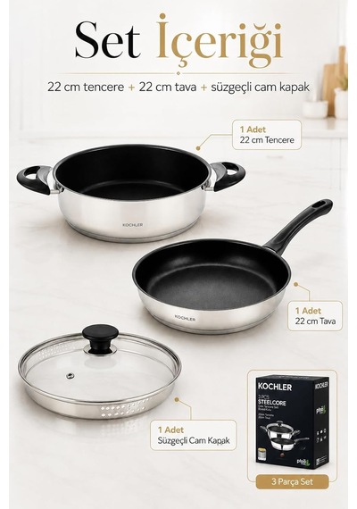 Tr 3 Parça Çelik Tencere & Tava Seti 22 Cm İndüksiyon Uyumlu, Süzgeç Kapaklı Diğer