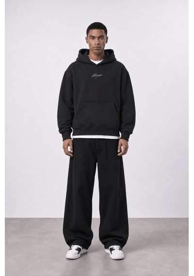 Respire Erkek Rosette Nakışlı Oversize Hoodie Siyah