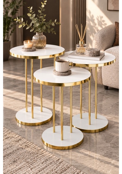 Sulorahome Beyaz Yuvarlak Zigon Sehpa Takımı - 3'lü Gold Ayaklı Beyaz - Altın