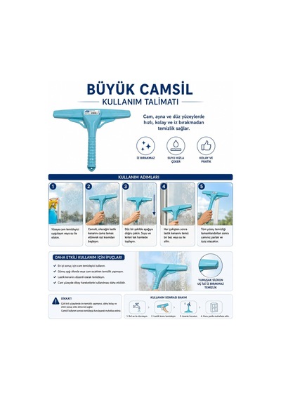 Büyük Cam Sil 33 Cm Profesyonel Silikon Cam Çekçek, Ayna, Duşakabin, Fayans Ve Araç Camı İçin İz Bırakmayan Cam Temizleme Aparatı Çekpas, Mop, Camsil, Çek Pas