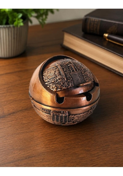Kapaklı Metal Küllük Açılır Kapanır Dekoratif Masa Üstü Küllük Vintage Bakır 7.5 Cm