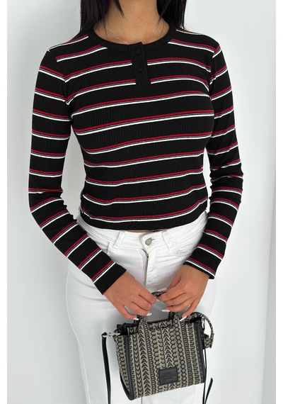 Noa & Noa Kadın Çizgili Düğme Detaylı Bluz Retro Stripe Siyah