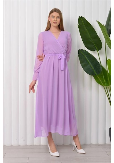 Neşeli Butik Kadın Kuşaklı Uzun Şifon Elbise Nb003 - Lila Lila