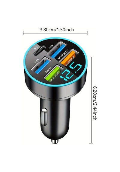 5 Port Usb Süper Hızlı Şarj Akıllı Telefon Şarj Algılama Dijital Ekran Araç Adaptörü Cep Telefonu Şarj Cihazı