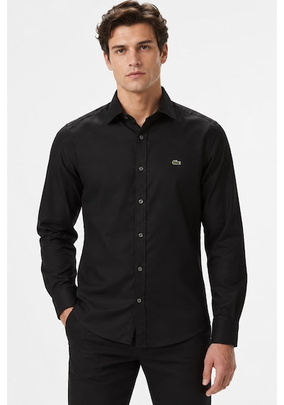 Lacoste Men's Slim Fit Button-down Collar Linen Shirt Erkek Düğmeli Yaka Pamuklu Gömlek Siyah