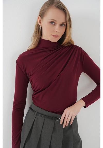 Hiccup Bdart Drape Detaylı Vücuda Oturan Dik Yaka Bluz Bordo Kırmızı