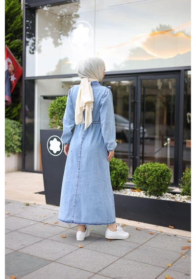 Harman Butik Kadın Fır Fırlı Belden Bağlamalı Denim Kot Elbise Kotmavi Kotmavi