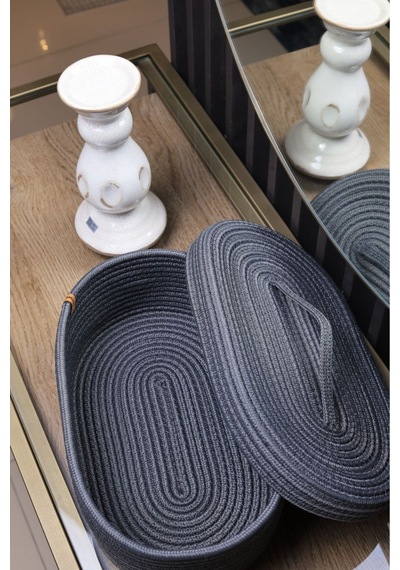 Hasır Jüt Sepet Oval Kapaklı Organizer Düzenleyici 30x20x10 Cm Açık Siyah Açık Siyah