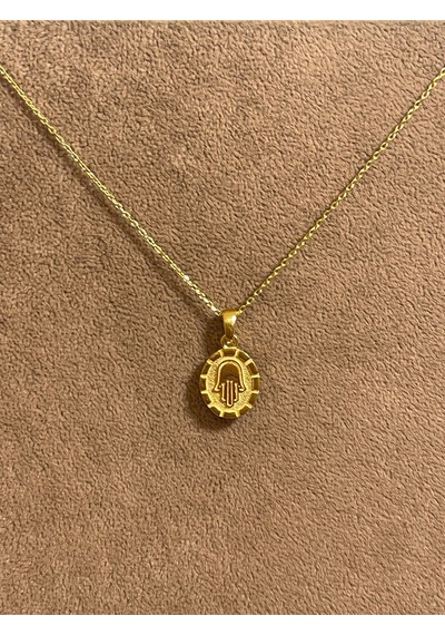 925 Ayar Gümüş Gold Renk Fatma Ana Eli Zincirli Kolye Ucu 45cm