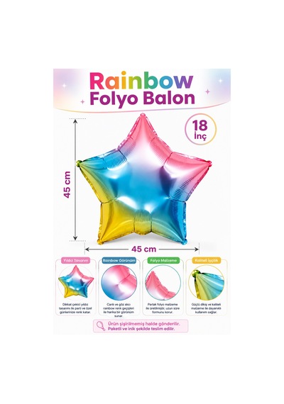 Folyo Balon Yıldız Rainbow 18 İnç 45 Cm Renkli Doğum Günü Parti Kutlama Süsleme Dekor Balonu Çok Renkli