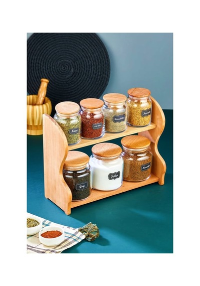 Bambu Kapaklı 7 Parça Cam Baharatlık-baharat Takımı şeffaf