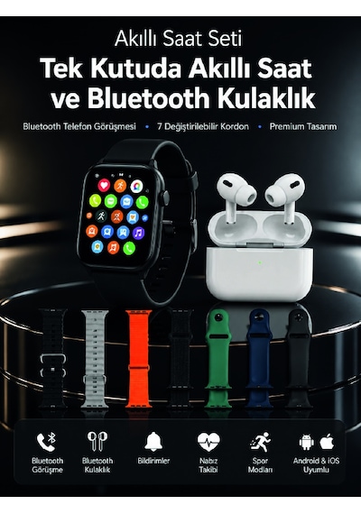 7 Kordonlu Akıllı Saat Ve Bluetooth Kulaklık Seti Nabız Takibi, Bildirimler Ve Spor Modları
