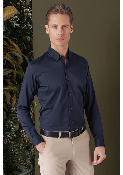 Efor Slim Fit Düğmeli Yaka Esnek Pamuk Klasik Lacivert Gömlek Gk 708 Lacivert