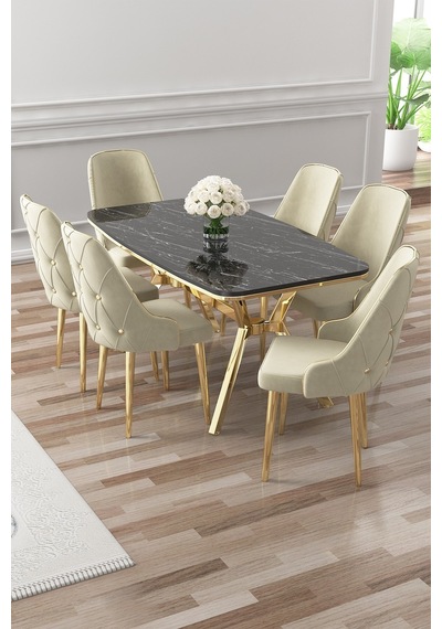 Canisa Asel Serisi 90x160 Lak Panel Siyah Mermer Desen Gold Detay Masa Takımı Ve 6 Krem Sandalye Siyah Mermer Desen Masa Krem Sandalye Ayaklar Gold Canisa Asel Serisi 90x160 Lak Panel Siyah Mermer Desen Gold Detay Masa Takımı Ve 6 Krem Sandalye Siyah Mermer Desen Masa Krem Sandalye Ayaklar Gold