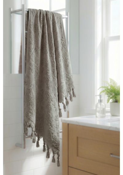 Bej Otantik Saçaklı %100 Pamuk Banyo Havlusu - 90x150 Cm - Yumuşak Ve Şık Bej