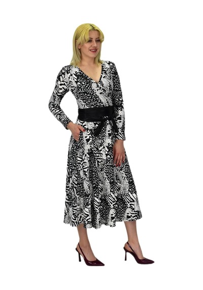 Kadın Viskon Leopar Desenli V Yaka Elbise Bgl-st03536 001