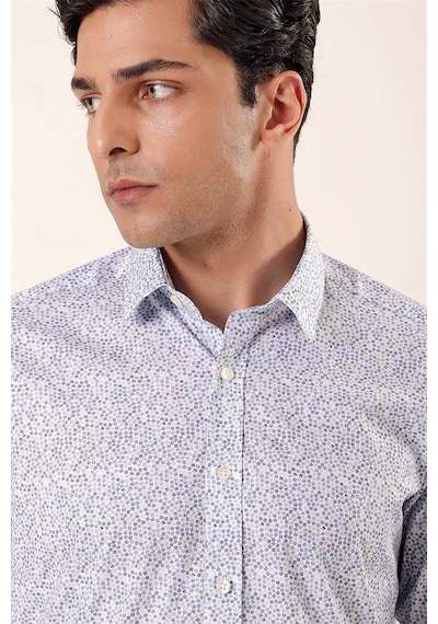 İmza Koyu Mavi Uzun Kollu Baskılı Sert Yaka Cepsiz Pamuklu Likralı Casual Slim Fit Gömlek 1004230135-mavi Mavi