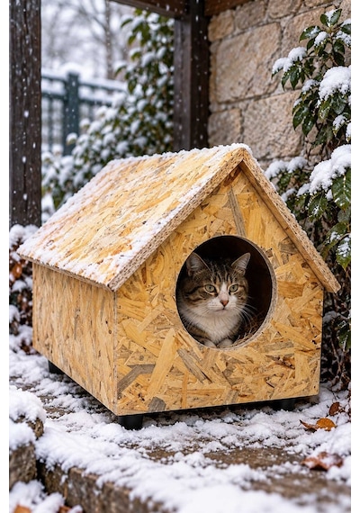 Reyo Yetişkin Kedi Evi Dış Ortama Uygun Ahşap Kedi Evi OSB, Kedi Barınağı 55x40x40 cm Kedi Yuvası CAT33