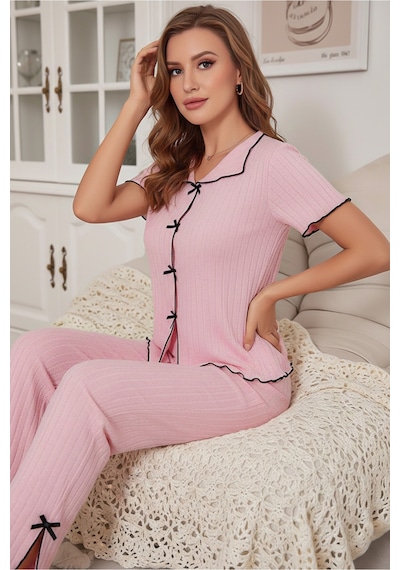 Bella Notte Pembe Pamuklu Siyah Overlok Ve Fiyonk Detaylı Kısa Kollu Pijama Takımı