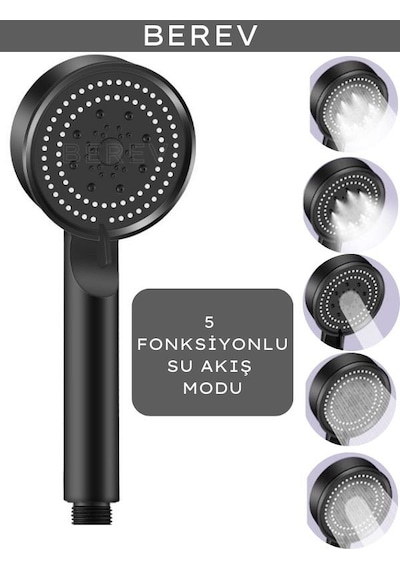 Berev  5 Fonksiyonlu Yüksek Basınçlı Mafsalı 150 CM Hortum Duş Başlığı Seti Siyah