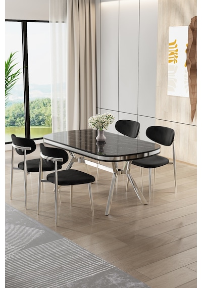 Canisa Olya Serisi 90x168 Lak Panel Sonata Masa Takımı Krom Ayaklı 4 Siyah Sandalye Sonata Masa Siyah Sandalye Canisa Olya Serisi 90x168 Lak Panel Sonata Masa Takımı Krom Ayaklı 4 Siyah Sandalye Sonata Masa Siyah Sandalye