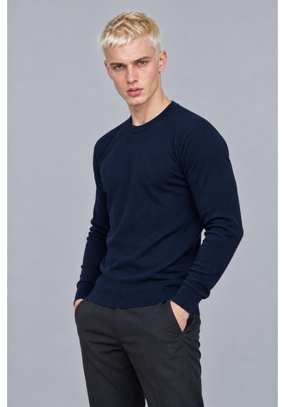 Hk Premium Erkek Fitilli Slim Fit Bisiklet Yaka Triko Kazak Lacivert