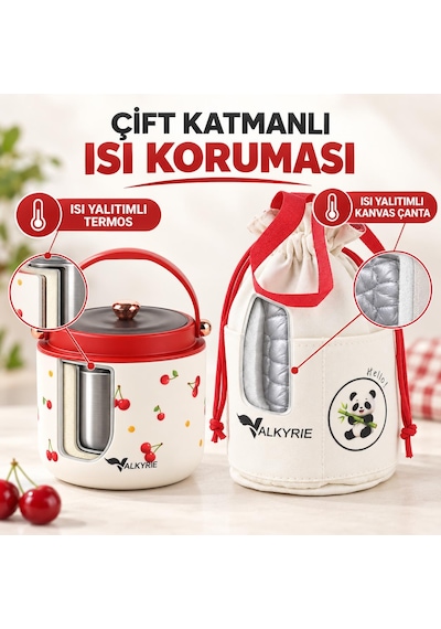 Valkyrie 1200 Ml Yalıtımlı Yemek Termosu Seti Paslanmaz Çelik İç Hazneli Yalıtımlı Taşıma Çantalı Kırmızı