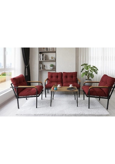 Bordo Metal Bahçe Balkon Oturma Grubu - Loft Tarzı Koltuk Ve Sehpa Seti