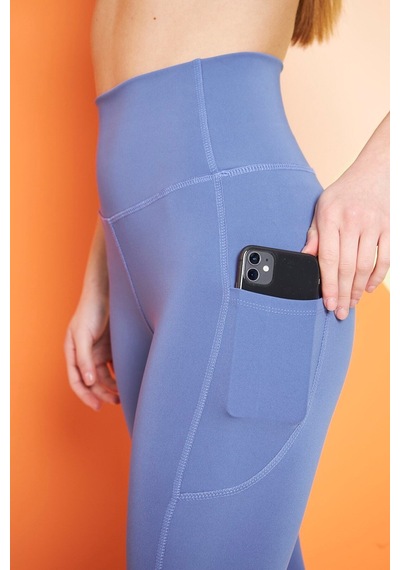 Thıff Gymwear Yüksek Bel Sıkılaştırıcı Toparlayıcı Push-up Çift Cepli Bilek Hizasında Spor Tayt Mavi