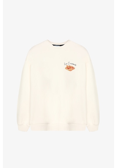 Quzu Kruvasan Baskılı Oversize Sweatshirt Ekru