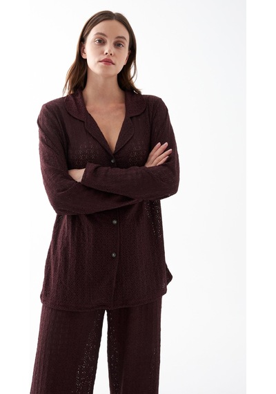 Akbeniz Kadın Mürdüm Önden Düğmeli Rahat Kesim Pijama Takımı MÜRDÜM