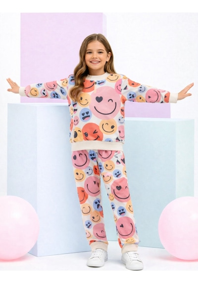 Veramoni Smile Baskılı Uzun Kollu Çocuk Alt Üst Ikili Takım Ekru