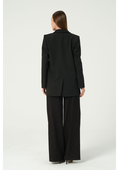 Siyah Regular Astarlı Kruvaze Kapama Dokuma Blazer Ceket 001