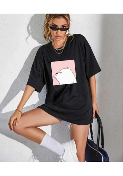 Kozia Outdoors Malkoçbey Sevimli Ayı Baskılı Oversize Basic T-shirt SIYAH